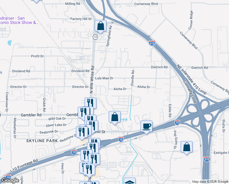 map of restaurants, bars, coffee shops, grocery stores, and more near 4635 Aloha Drive in San Antonio