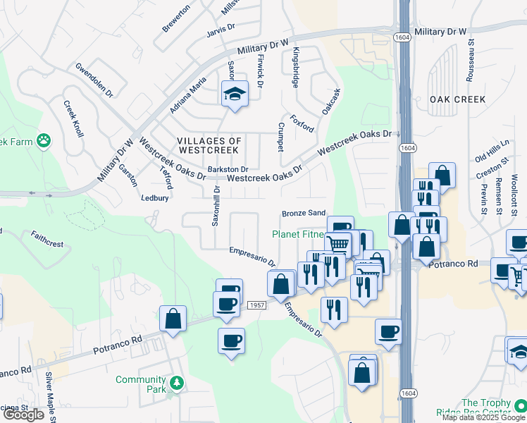 map of restaurants, bars, coffee shops, grocery stores, and more near 1007 Creek Cor in San Antonio