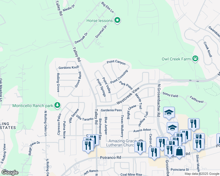 map of restaurants, bars, coffee shops, grocery stores, and more near 524 Point Valley in San Antonio