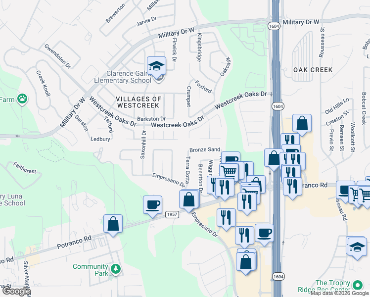 map of restaurants, bars, coffee shops, grocery stores, and more near 1007 Creek Cor in San Antonio