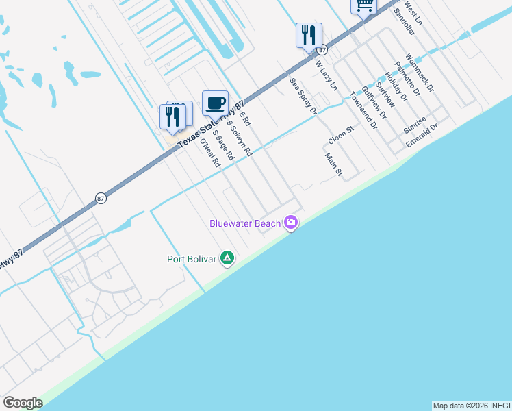 map of restaurants, bars, coffee shops, grocery stores, and more near 860 South Sage Road in Galveston