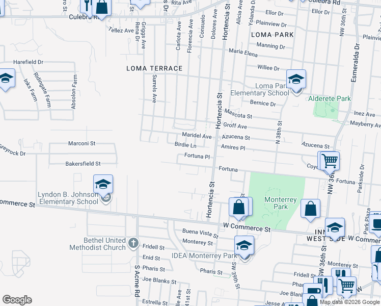 map of restaurants, bars, coffee shops, grocery stores, and more near 4906 Birdie Lane in San Antonio