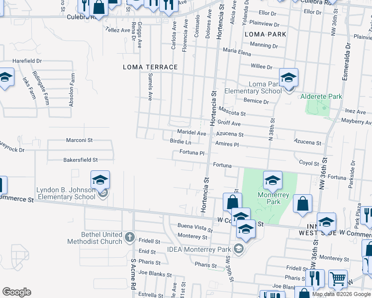 map of restaurants, bars, coffee shops, grocery stores, and more near 4906 Birdie Lane in San Antonio