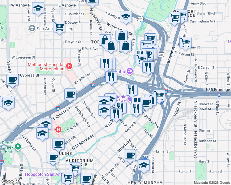 map of restaurants, bars, coffee shops, grocery stores, and more near 1500 North Saint Mary's Street in San Antonio