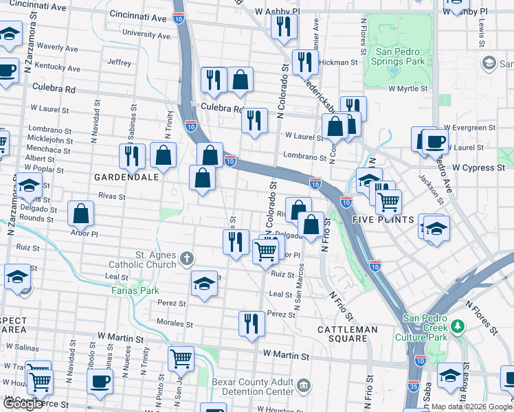 map of restaurants, bars, coffee shops, grocery stores, and more near 1434 West Poplar Street in San Antonio