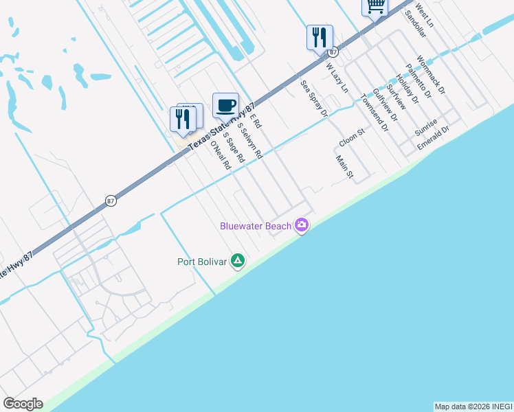 map of restaurants, bars, coffee shops, grocery stores, and more near 888 O' Neil Road in Bolivar Peninsula