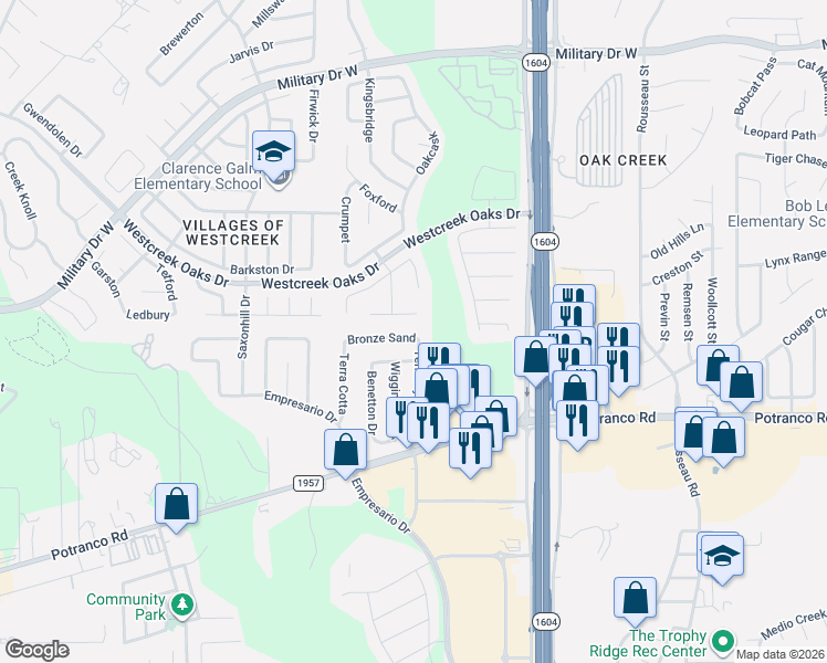 map of restaurants, bars, coffee shops, grocery stores, and more near 11610 Creek Ash in San Antonio
