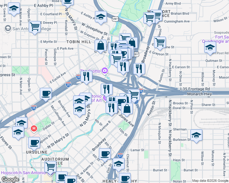 map of restaurants, bars, coffee shops, grocery stores, and more near 313 Avenue A in San Antonio