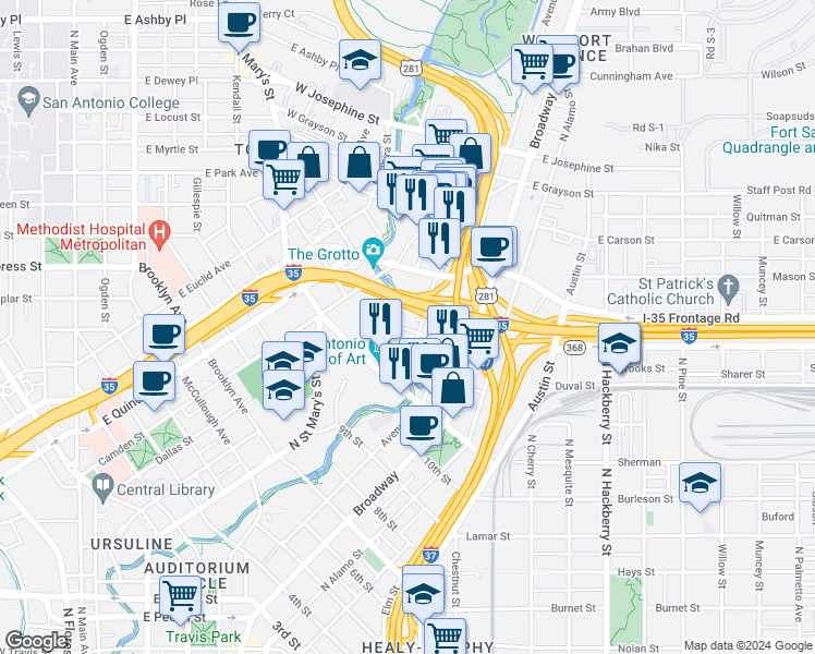 map of restaurants, bars, coffee shops, grocery stores, and more near 313 Avenue A in San Antonio