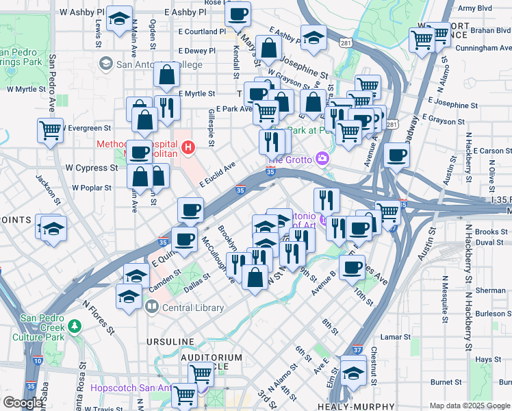 map of restaurants, bars, coffee shops, grocery stores, and more near 801 East Quincy Street in San Antonio