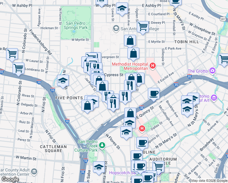 map of restaurants, bars, coffee shops, grocery stores, and more near 311 Howard Street in San Antonio