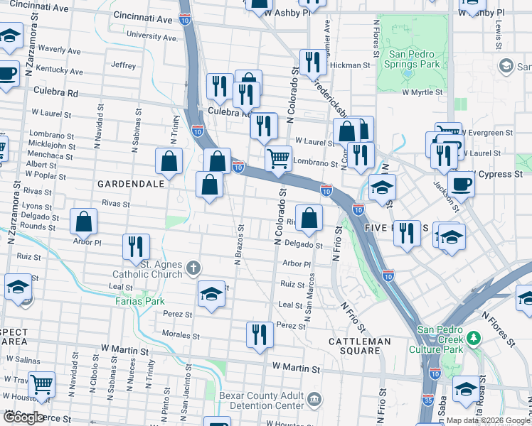 map of restaurants, bars, coffee shops, grocery stores, and more near 1434 West Poplar Street in San Antonio