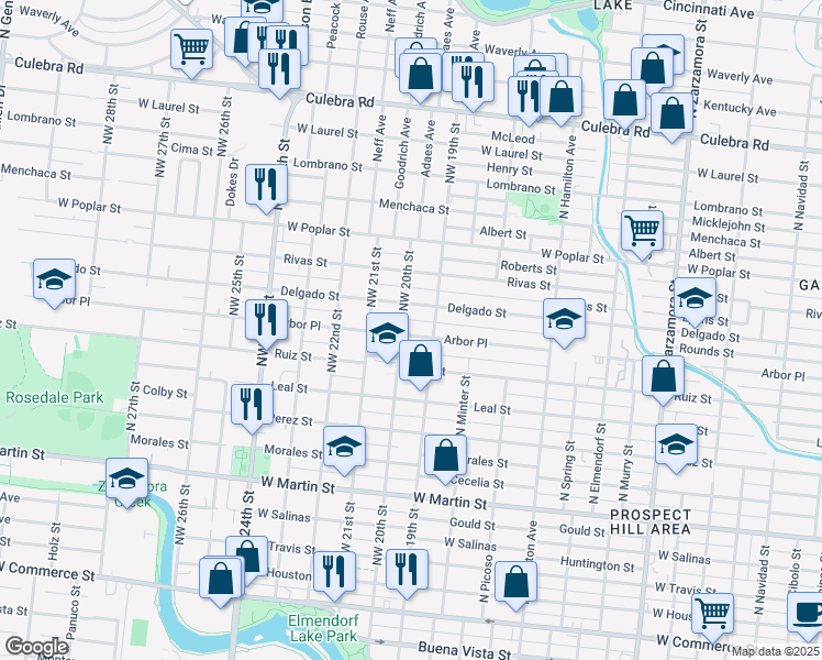 map of restaurants, bars, coffee shops, grocery stores, and more near 1710 Delgado Street in San Antonio