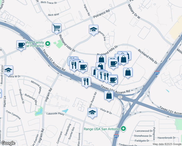 map of restaurants, bars, coffee shops, grocery stores, and more near 8543 Texas 151 in San Antonio
