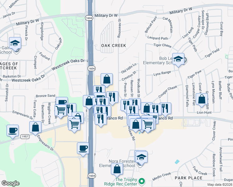 map of restaurants, bars, coffee shops, grocery stores, and more near 11430 Rousseau Street in San Antonio