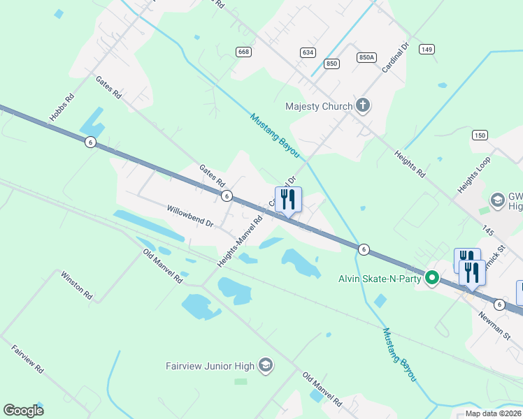 map of restaurants, bars, coffee shops, grocery stores, and more near 25241 Highway 6 in Alvin