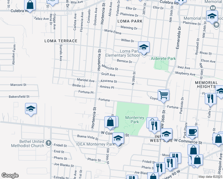 map of restaurants, bars, coffee shops, grocery stores, and more near 422 Amires Place in San Antonio
