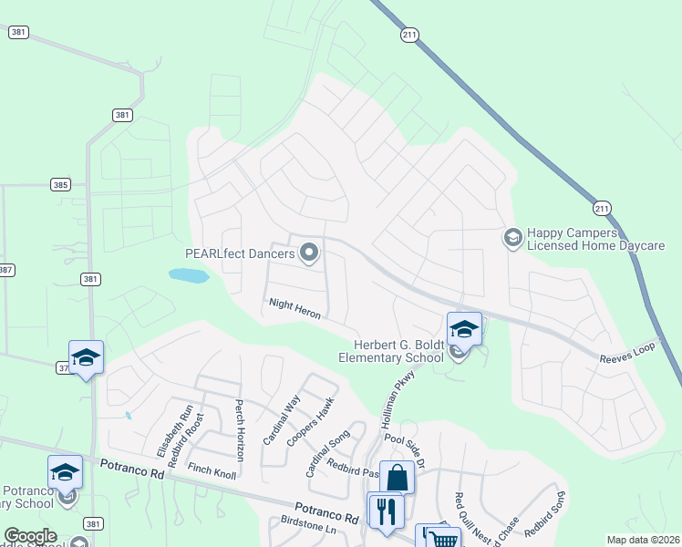 map of restaurants, bars, coffee shops, grocery stores, and more near 478 Eastern Phoebe in San Antonio