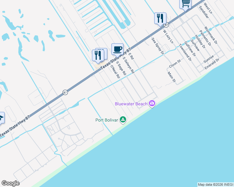 map of restaurants, bars, coffee shops, grocery stores, and more near 928 South Jacks Road in Bolivar Peninsula