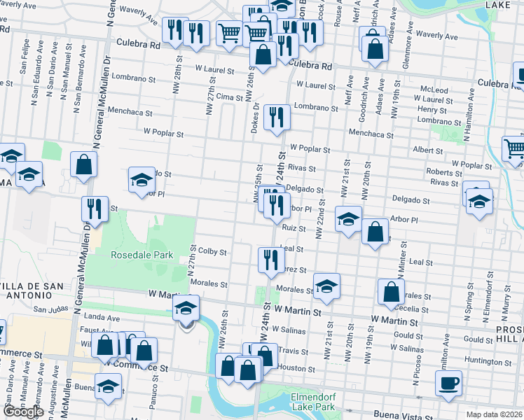 map of restaurants, bars, coffee shops, grocery stores, and more near 2423 Arbor Place in San Antonio