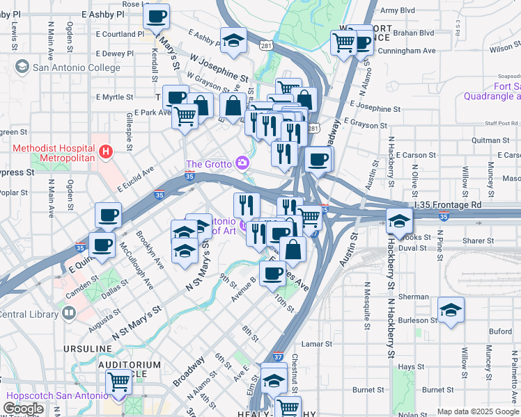 map of restaurants, bars, coffee shops, grocery stores, and more near 313 Avenue A in San Antonio