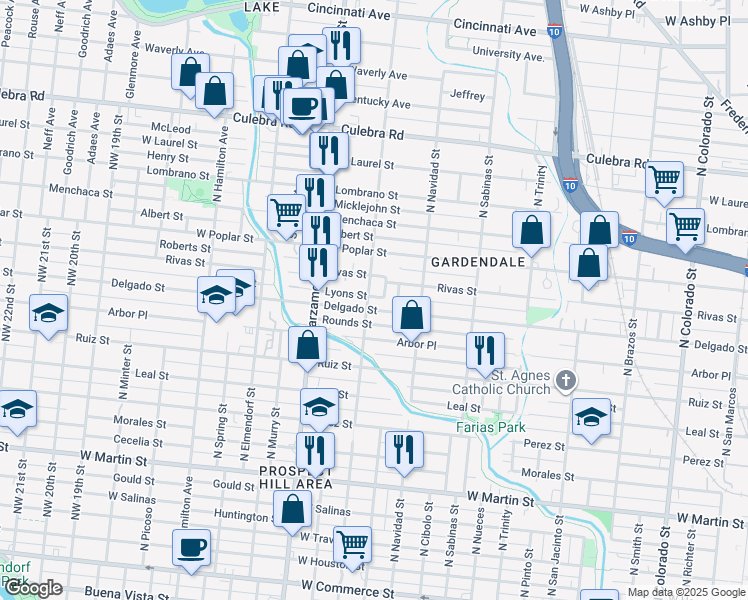 map of restaurants, bars, coffee shops, grocery stores, and more near 1707 Lyons Street in San Antonio