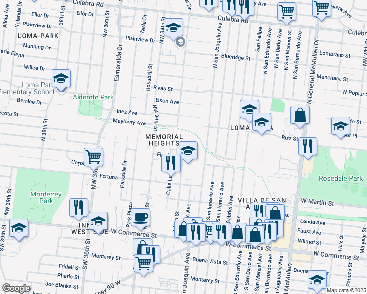 map of restaurants, bars, coffee shops, grocery stores, and more near 3915 Flagle Street in San Antonio