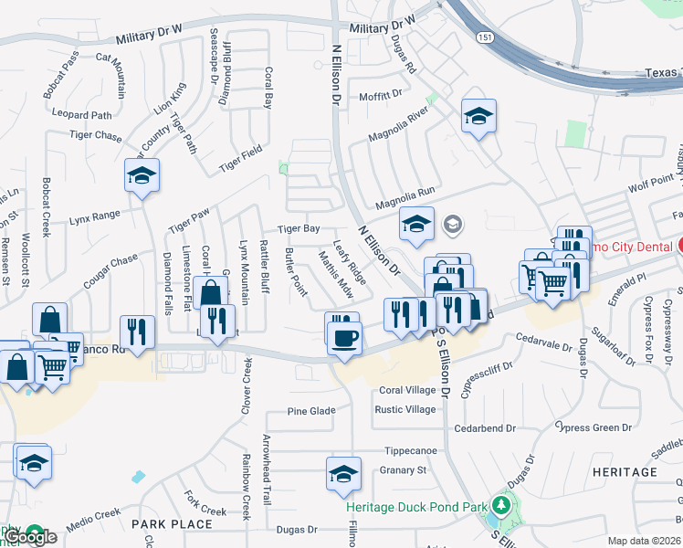 map of restaurants, bars, coffee shops, grocery stores, and more near 615 Leafy Ridge in San Antonio