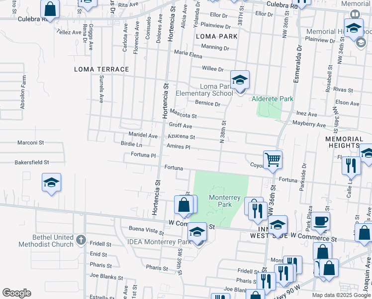 map of restaurants, bars, coffee shops, grocery stores, and more near 424 Amires Place in San Antonio