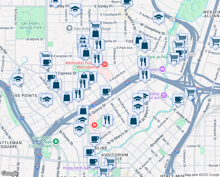 map of restaurants, bars, coffee shops, grocery stores, and more near 423 East Euclid Avenue in San Antonio