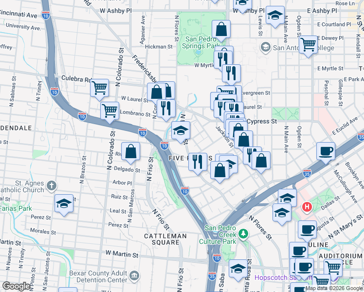 map of restaurants, bars, coffee shops, grocery stores, and more near 1325 North Flores Street in San Antonio