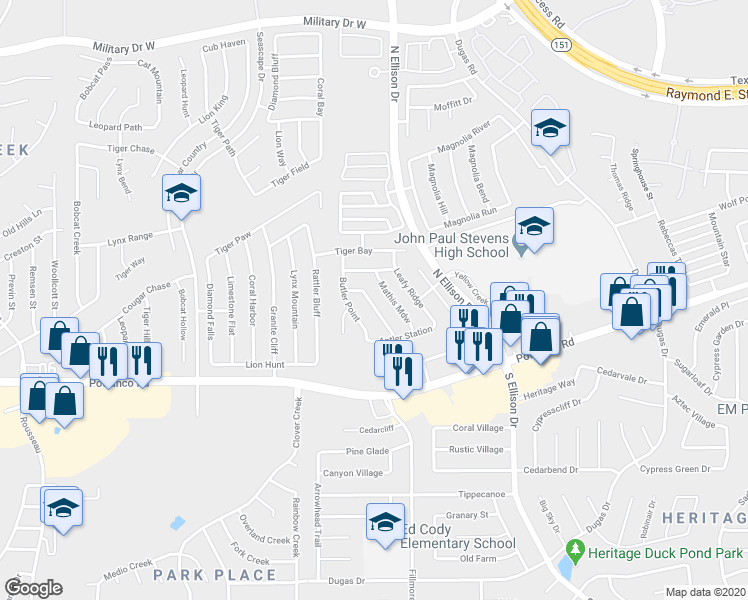 map of restaurants, bars, coffee shops, grocery stores, and more near 706 Barrow Peak in San Antonio