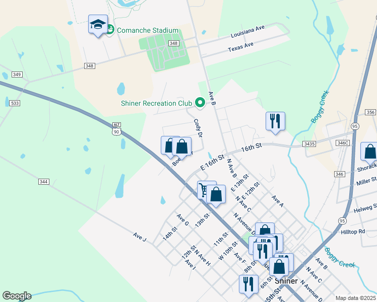 map of restaurants, bars, coffee shops, grocery stores, and more near 213 Boehm Drive in Shiner