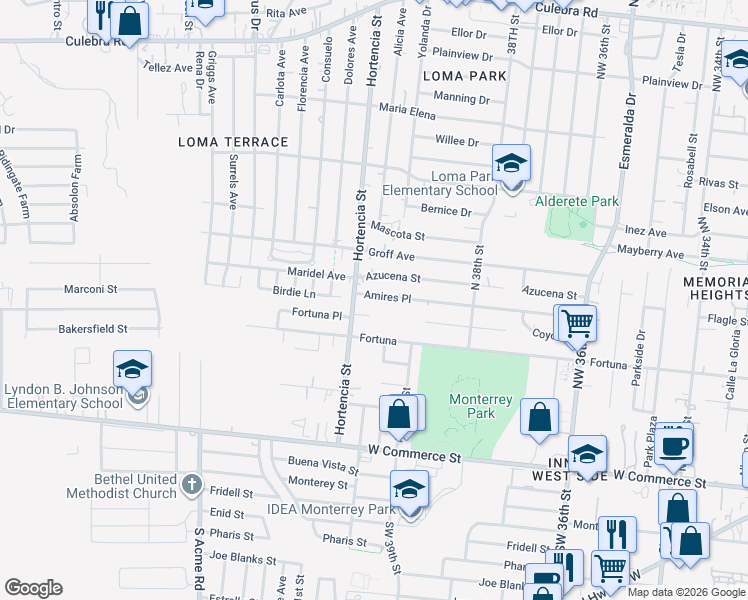 map of restaurants, bars, coffee shops, grocery stores, and more near 452 Amires Place in San Antonio