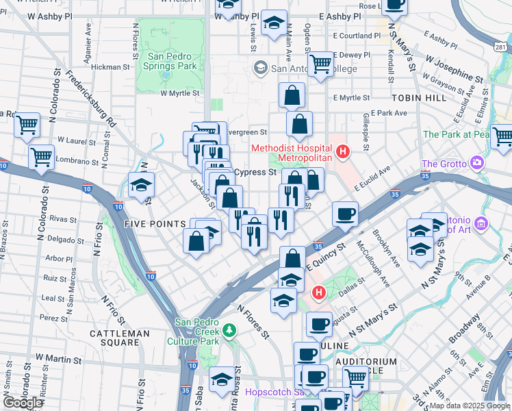 map of restaurants, bars, coffee shops, grocery stores, and more near 311 Howard Street in San Antonio