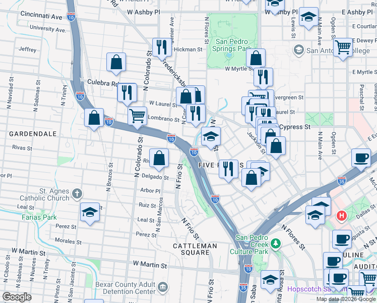 map of restaurants, bars, coffee shops, grocery stores, and more near 1511 North Laredo Street in San Antonio