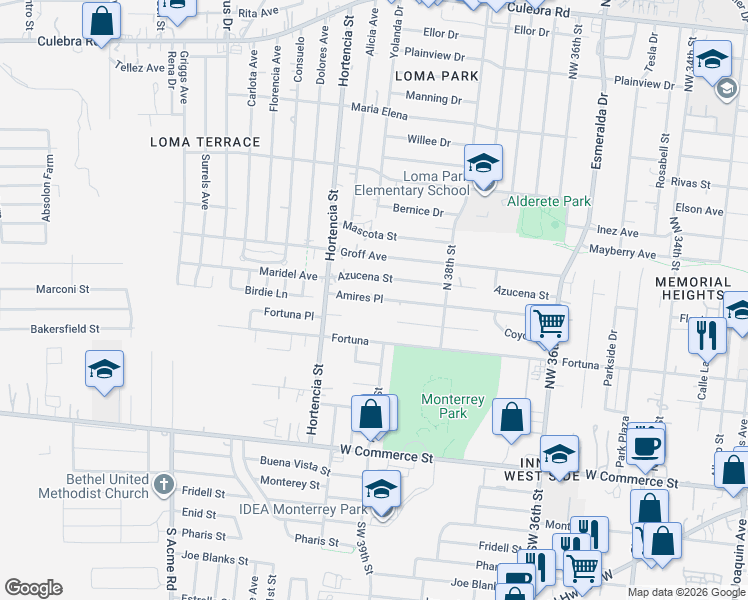 map of restaurants, bars, coffee shops, grocery stores, and more near 415 Amires Place in San Antonio