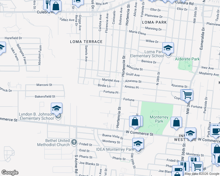 map of restaurants, bars, coffee shops, grocery stores, and more near 4906 Birdie Lane in San Antonio