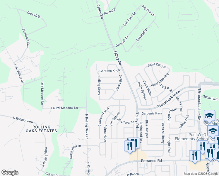 map of restaurants, bars, coffee shops, grocery stores, and more near 13042 Grove Point in San Antonio