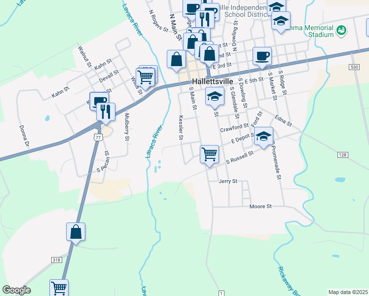 map of restaurants, bars, coffee shops, grocery stores, and more near 207 River Street in Hallettsville