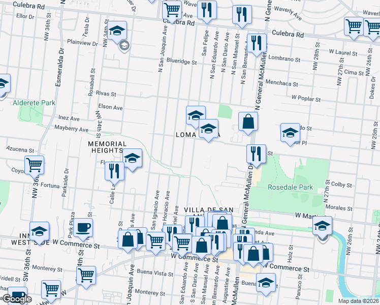 map of restaurants, bars, coffee shops, grocery stores, and more near 354 North San Felipe Avenue in San Antonio