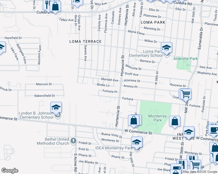 map of restaurants, bars, coffee shops, grocery stores, and more near 4906 Birdie Lane in San Antonio