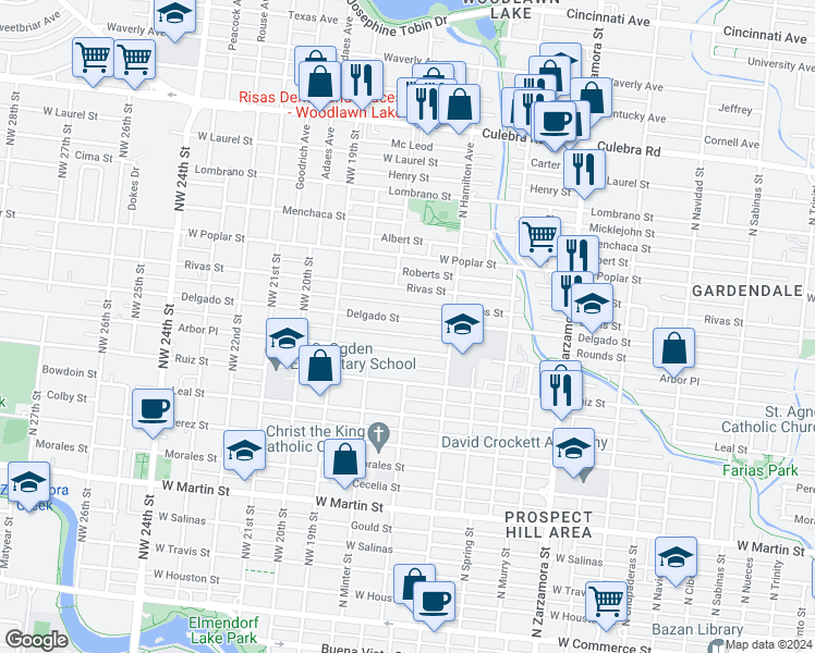 map of restaurants, bars, coffee shops, grocery stores, and more near 1440 Delgado St in San Antonio