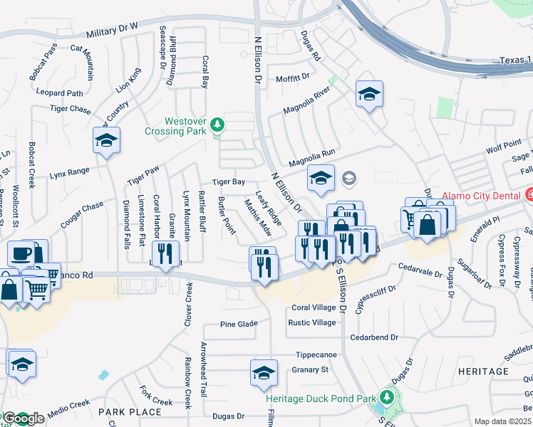 map of restaurants, bars, coffee shops, grocery stores, and more near 615 Leafy Ridge in San Antonio