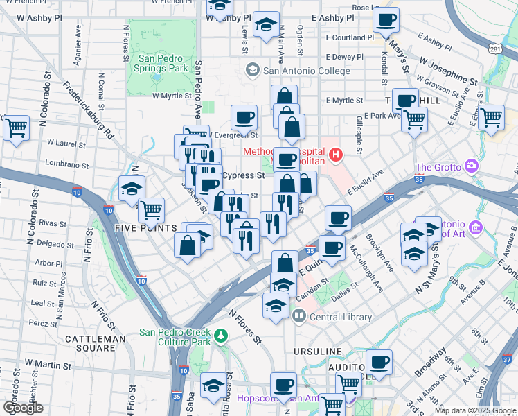 map of restaurants, bars, coffee shops, grocery stores, and more near 311 Howard Street in San Antonio