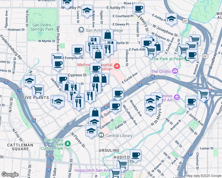 map of restaurants, bars, coffee shops, grocery stores, and more near in San Antonio