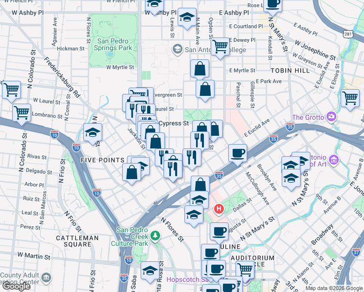 map of restaurants, bars, coffee shops, grocery stores, and more near 311 Howard Street in San Antonio