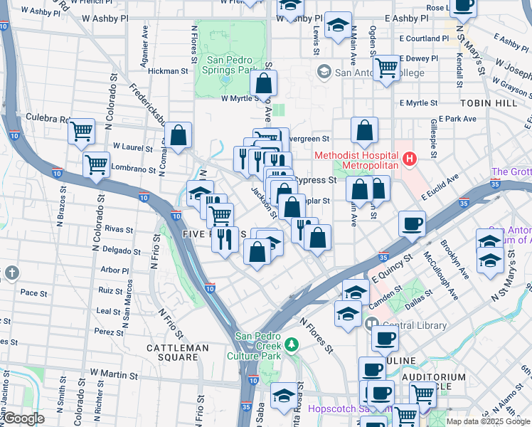 map of restaurants, bars, coffee shops, grocery stores, and more near 604 Jackson Street in San Antonio