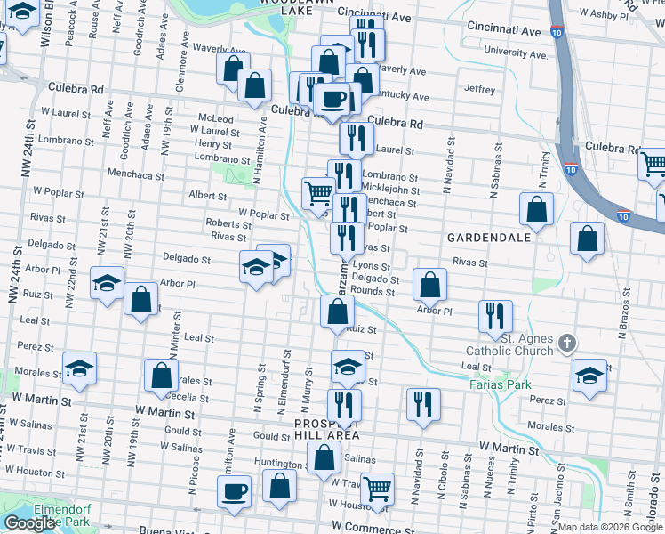 map of restaurants, bars, coffee shops, grocery stores, and more near 1107 North Zarzamora Street in San Antonio