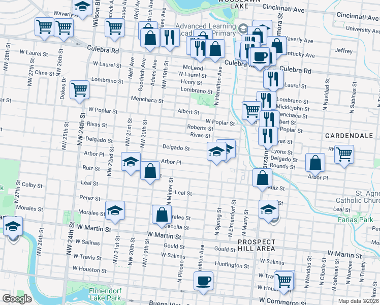 map of restaurants, bars, coffee shops, grocery stores, and more near 1440 Delgado Street in San Antonio
